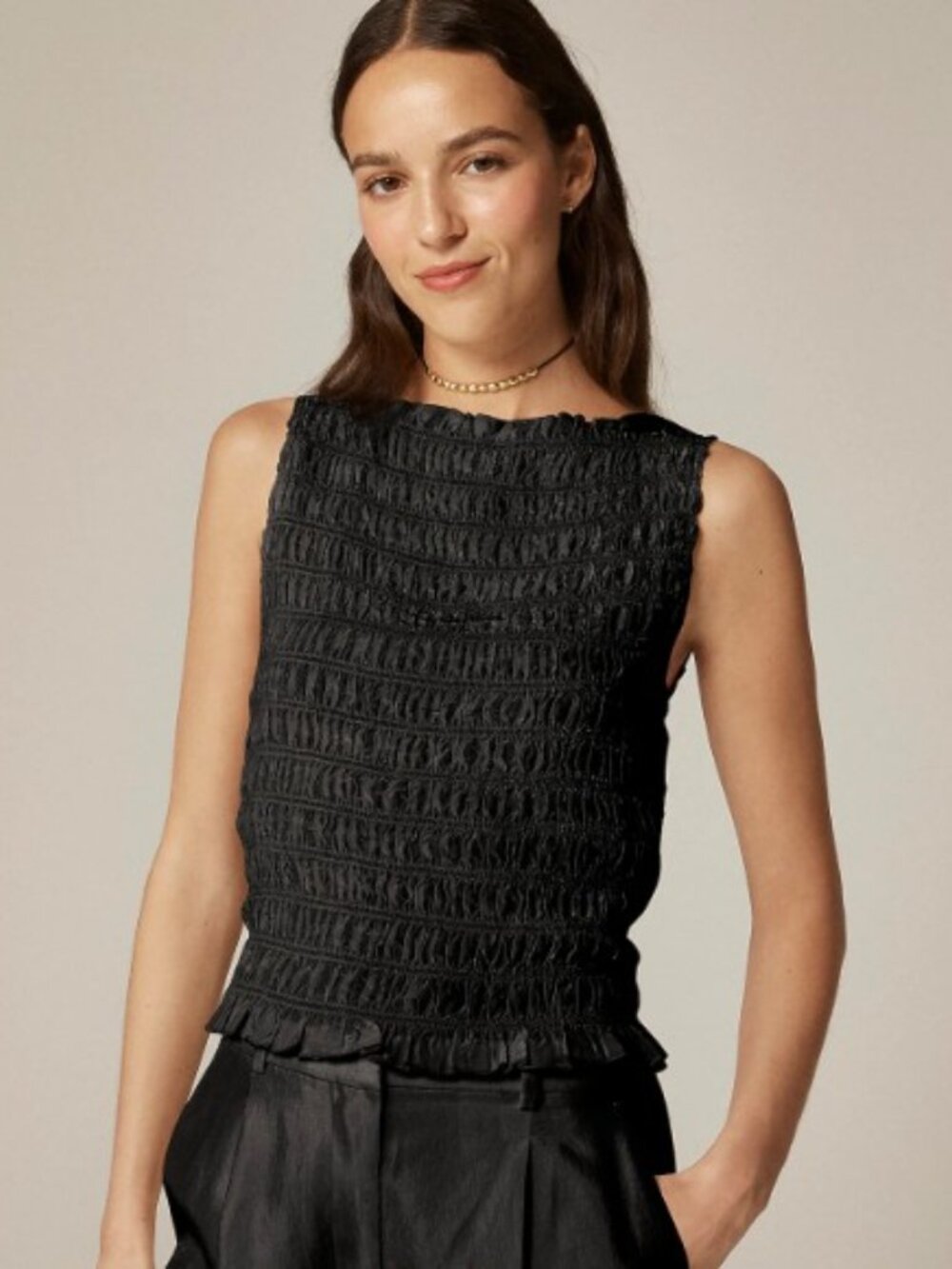 Smocked shell tank top in crepe de chin